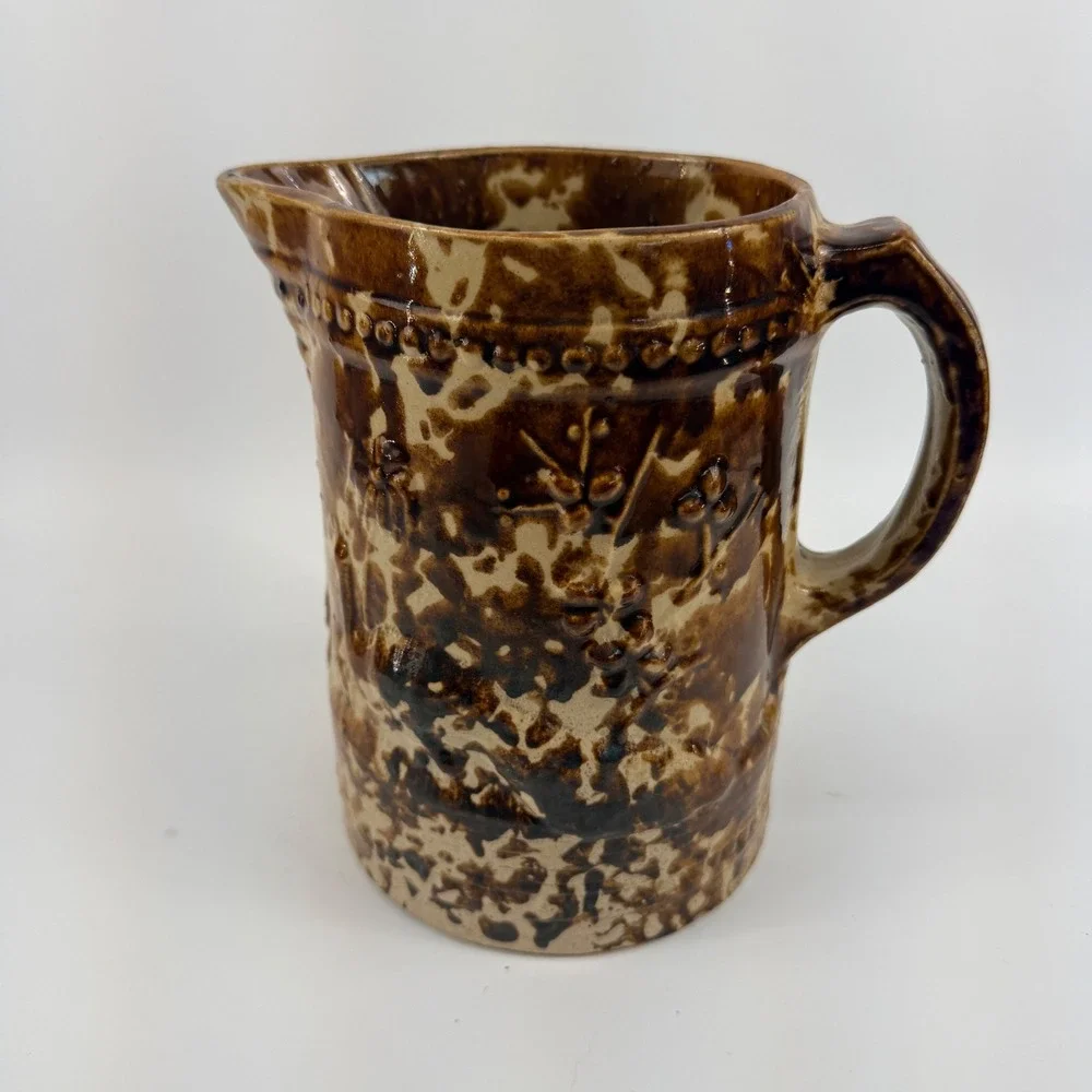 Rockingham Glazed Yellowware Relief Floral Pitcher Brown Spongeware Antique‎